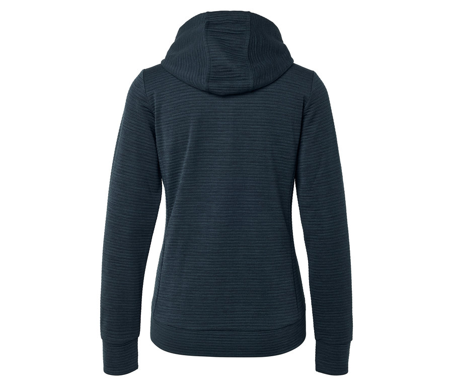 Vue arrière d'un sweat à capuche bleu marine avec une texture côtelée horizontale.