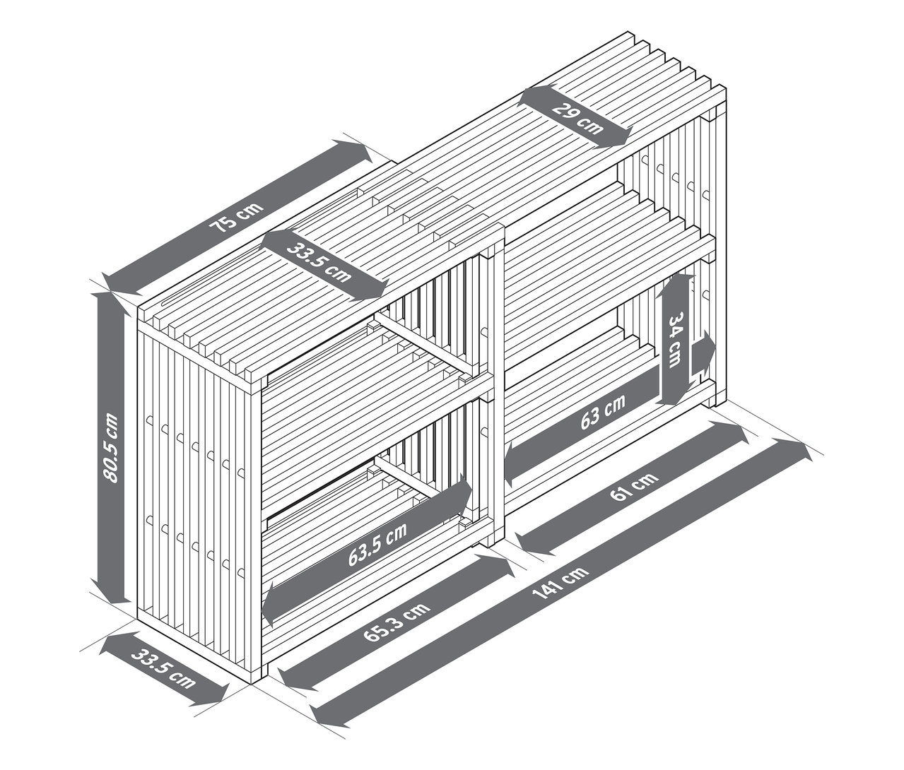 Vue de dessus du sideboard extensible « FLEKSIBEL » démonté avec les dimensions.