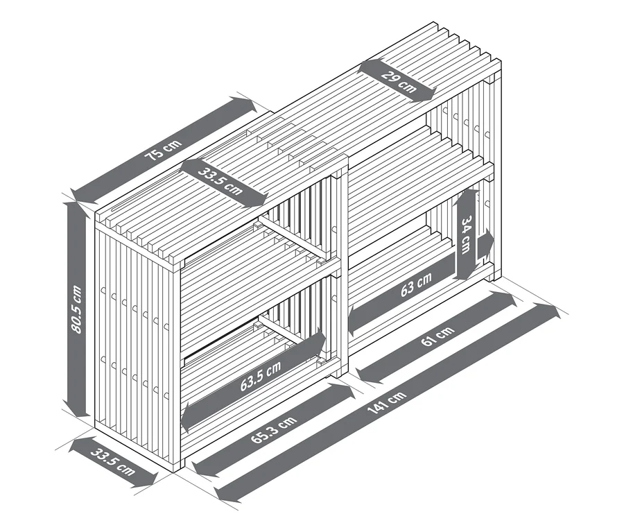 Vue de dessus du sideboard extensible « FLEKSIBEL » démonté avec les dimensions.