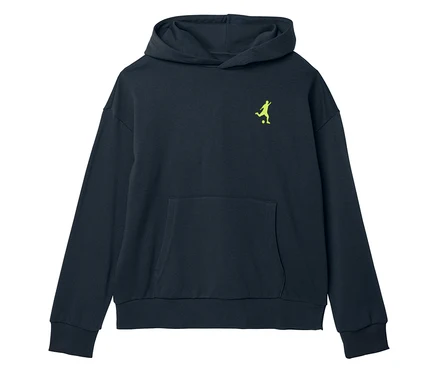 Sweat à capuche bleu marine avec un logo de joueur de football jaune sur la poitrine.