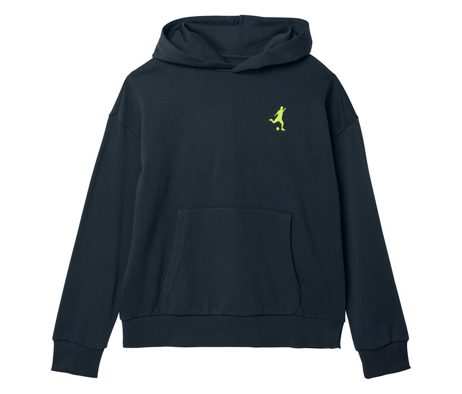 Sweat à capuche bleu marine avec un logo de joueur de football jaune sur la poitrine.