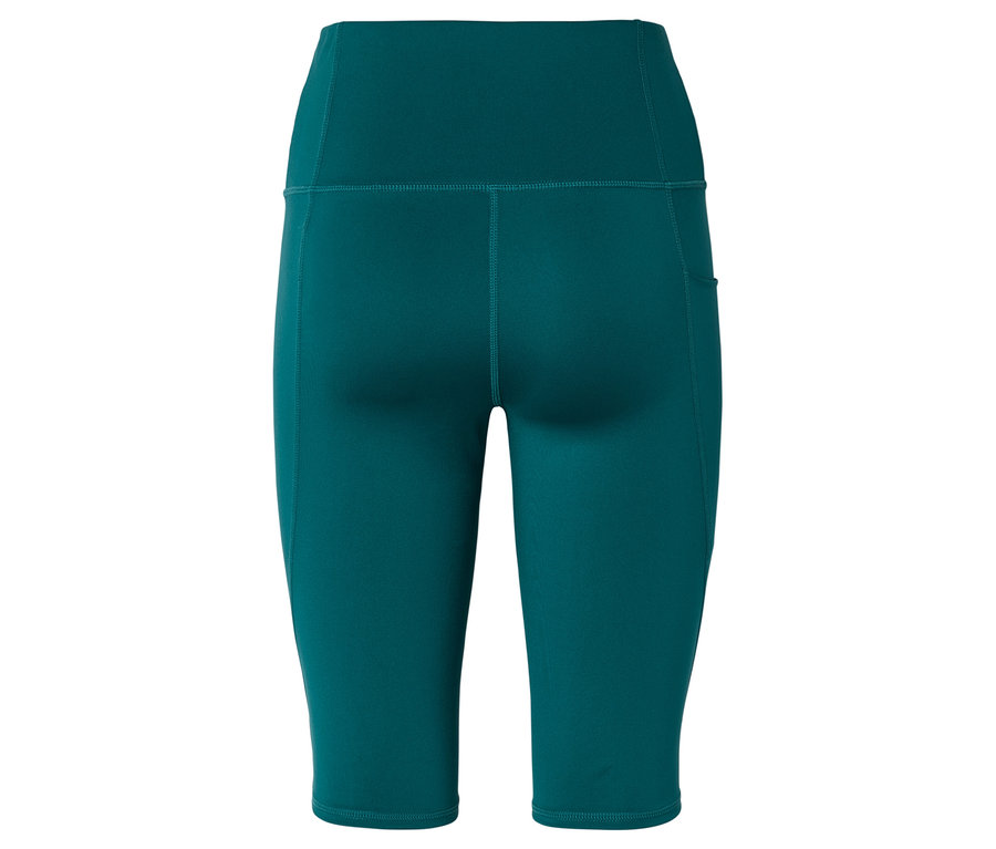 Gros plan sur l'arrière d'un legging mi-long moulant vert émeraude avec une taille haute et une poche sur la jambe droite.