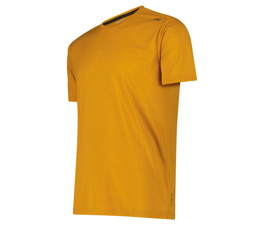 T-shirt jaune à manches courtes posé sur un fond blanc.