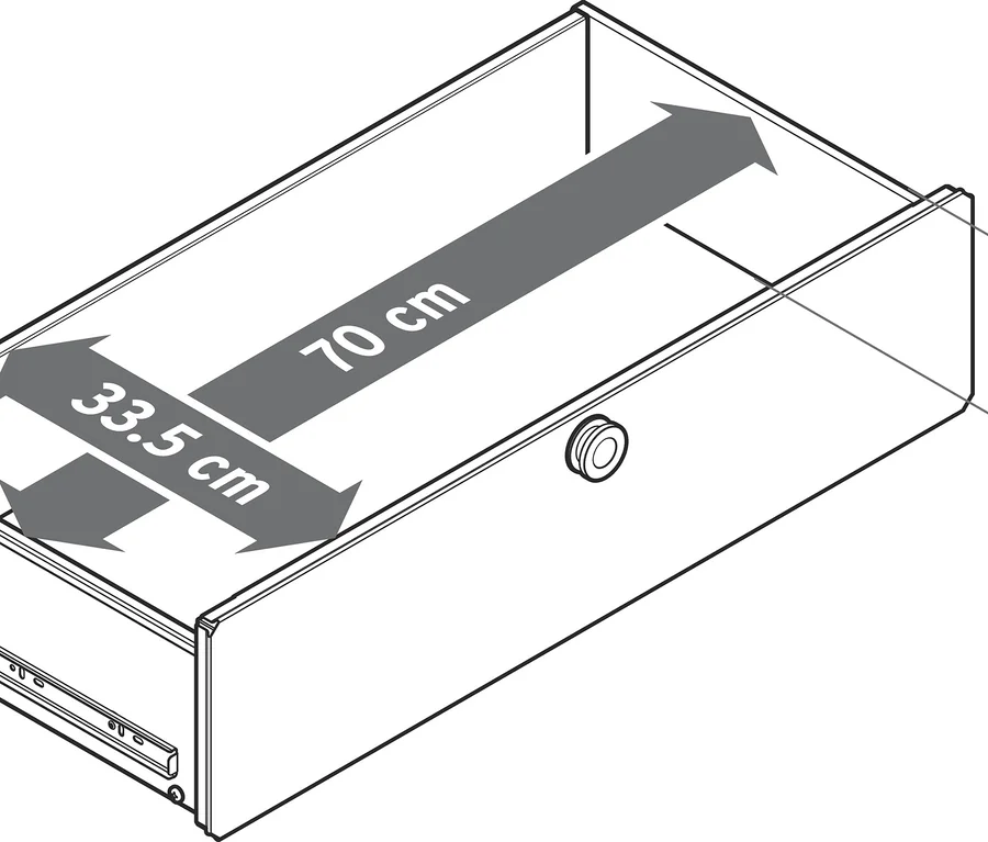 Kit de complément de tiroir en métal »CN3«, petit, mesurant 70 cm de profondeur, 33,5 cm de largeur et 13,5 cm de hauteur.