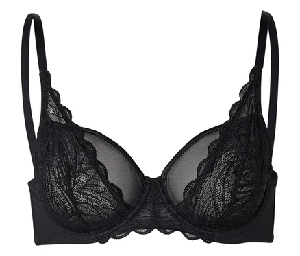 Soutien-gorge noir à armatures avec bretelles réglables et dentelle.