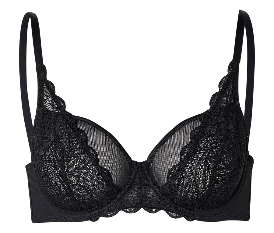 Soutien-gorge noir à armatures avec bretelles réglables et dentelle.