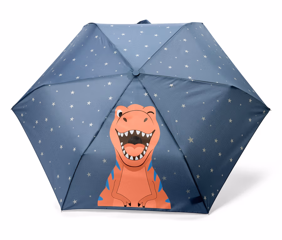 Parapluie bleu à motifs d'étoiles blanches et de dinosaure orange à rayures bleues.
