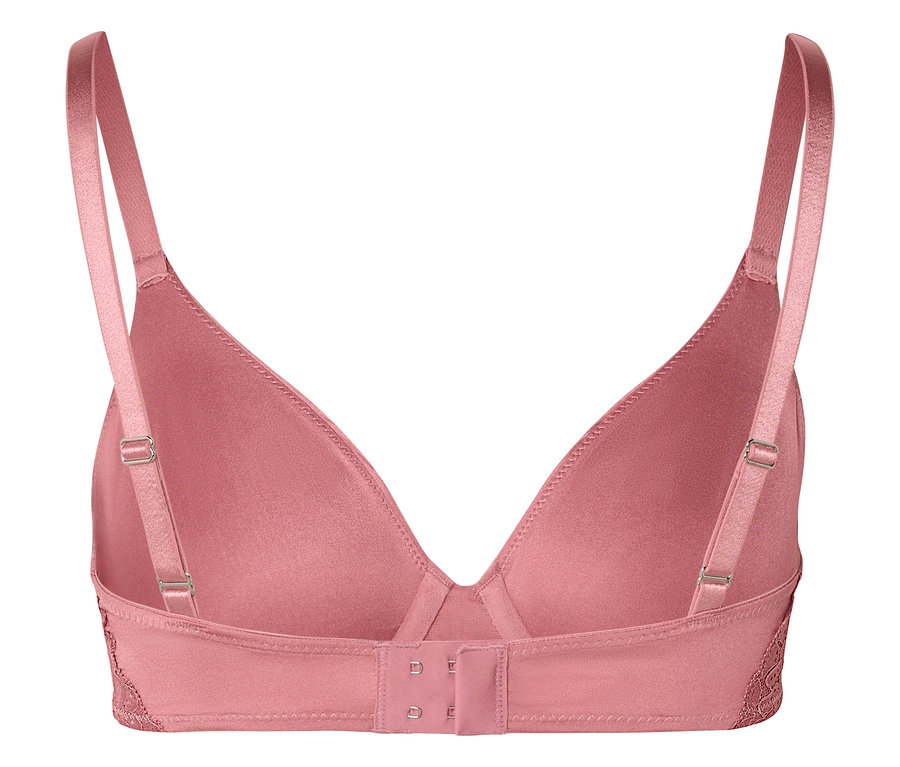 Vue arrière d'un soutien-gorge rose avec bretelles réglables et fermeture à agrafes.