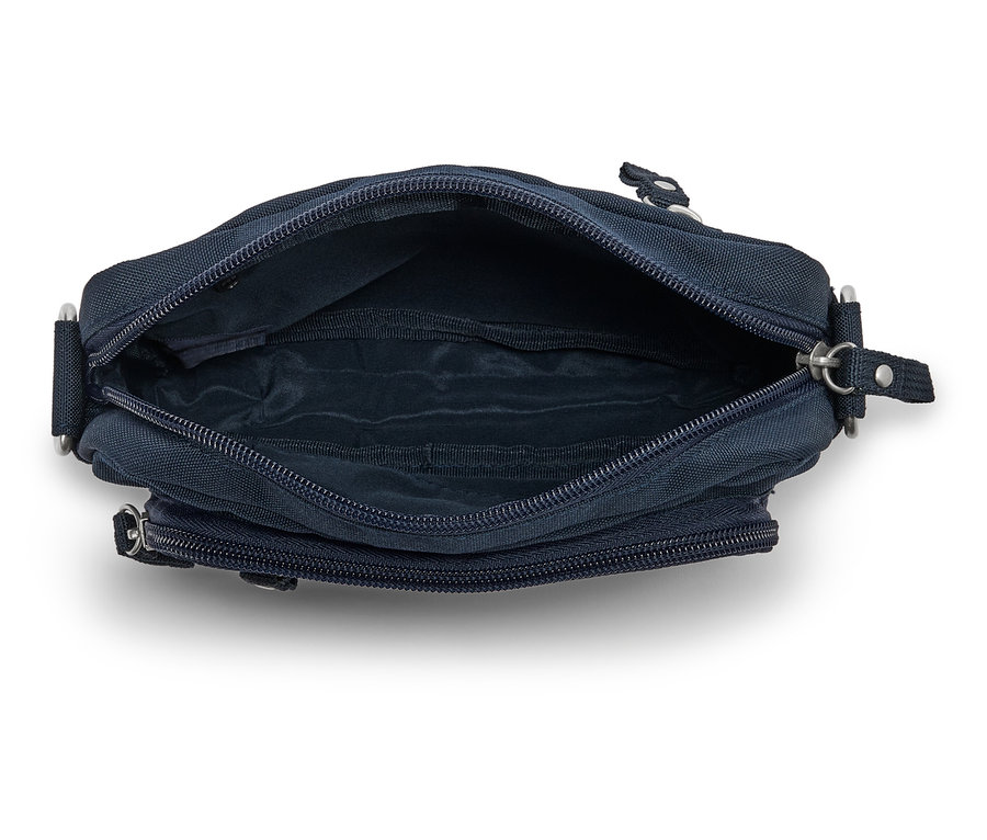 Vue de dessus d'un sac à bandoulière bleu marine ouvert avec fermeture éclair.