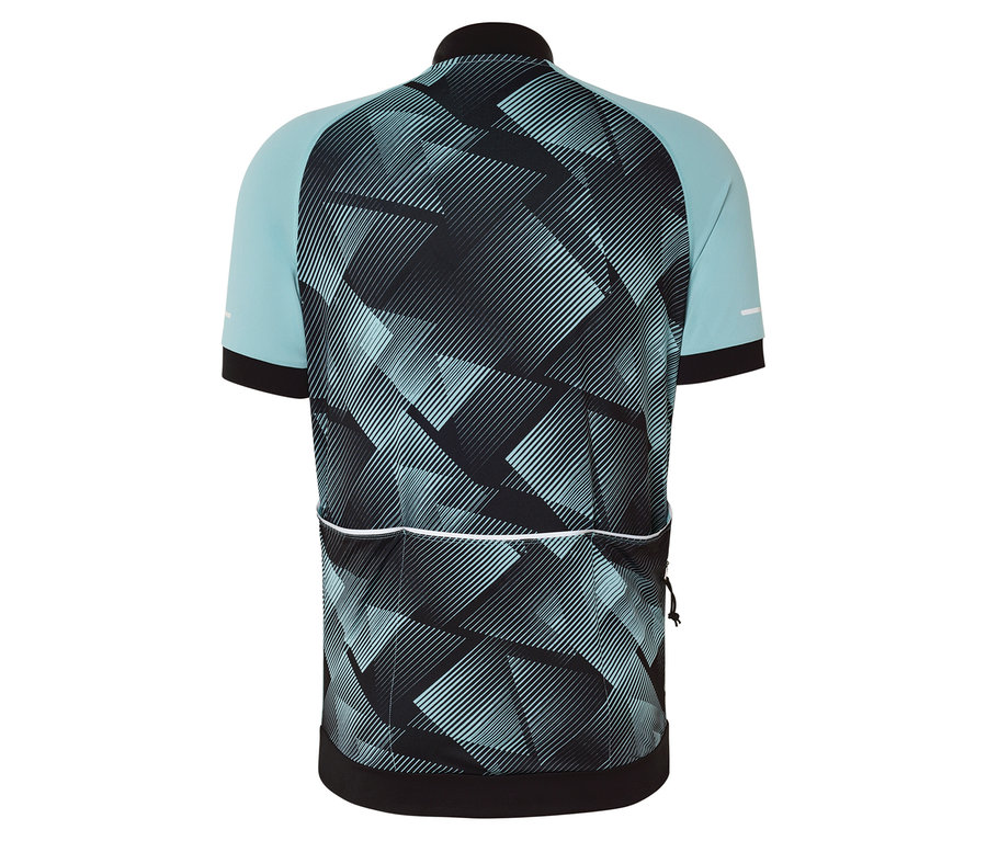 Vue arrière d'un maillot de cyclisme à manches courtes avec un motif géométrique en noir et turquoise.