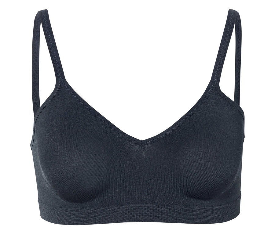 Soutien-gorge noir à col en V avec de fines bretelles.