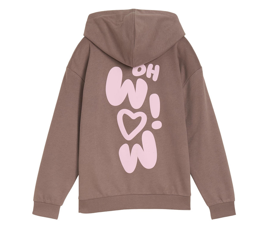 Sweat à capuche surdimensionné pour enfant Tom Tailor marron avec impression arrière et inscription rose "WOW ! OH".