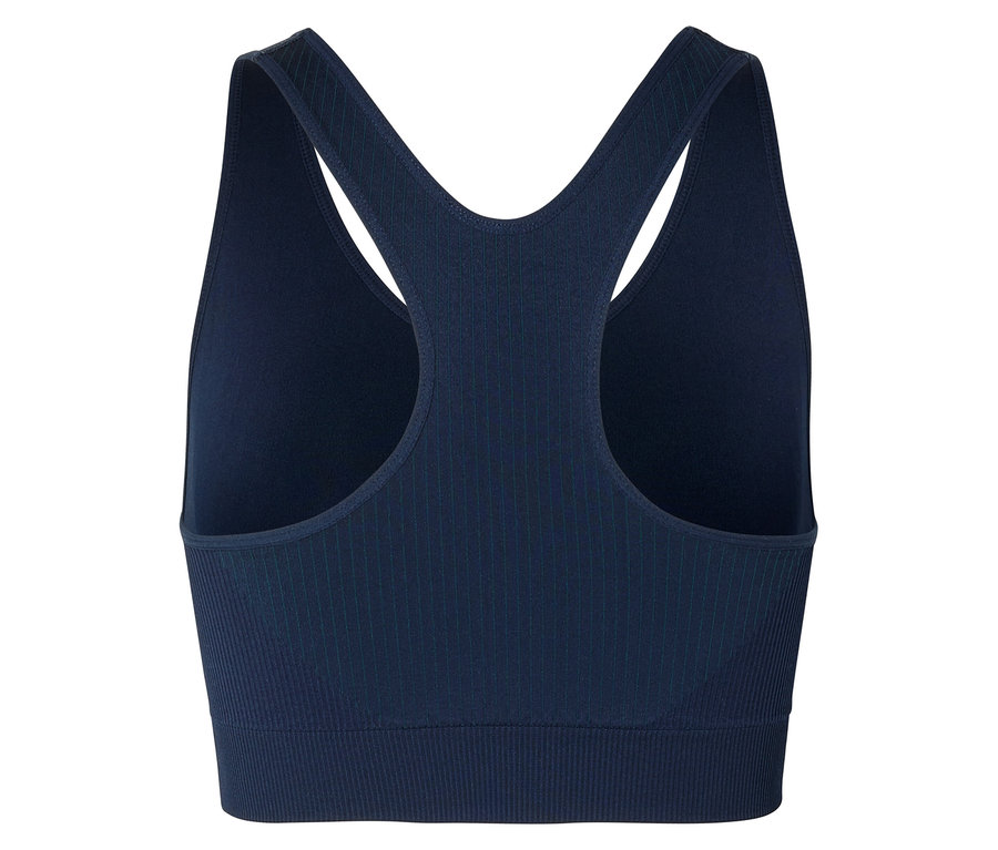 Vue arrière d'une brassière de sport bleu marine côtelée avec dos nageur.
