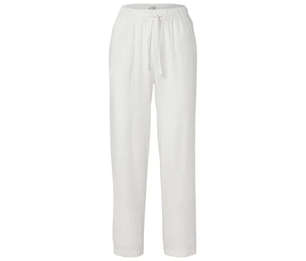 Pantalon blanc avec cordon de serrage sur fond blanc.