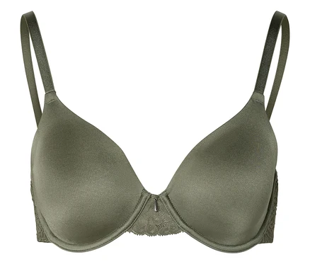 Gros plan d'un soutien-gorge vert olive à armatures et dentelle.