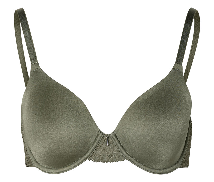 Gros plan d'un soutien-gorge vert olive à armatures et dentelle.