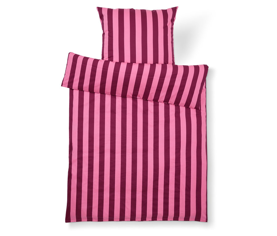 Ensemble de literie à rayures roses et bordeaux, comprenant une taie d'oreiller et une housse de couette.
