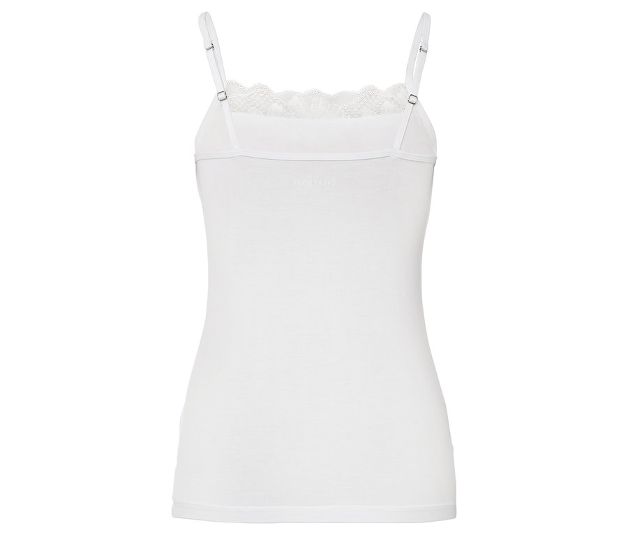 Vue arrière d'un débardeur blanc à fines bretelles avec de la dentelle à l'encolure.
