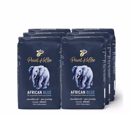 Six paquets de café en grains Privat Kaffee African Blue – 500 g. Un éléphant figure sur l'emballage.