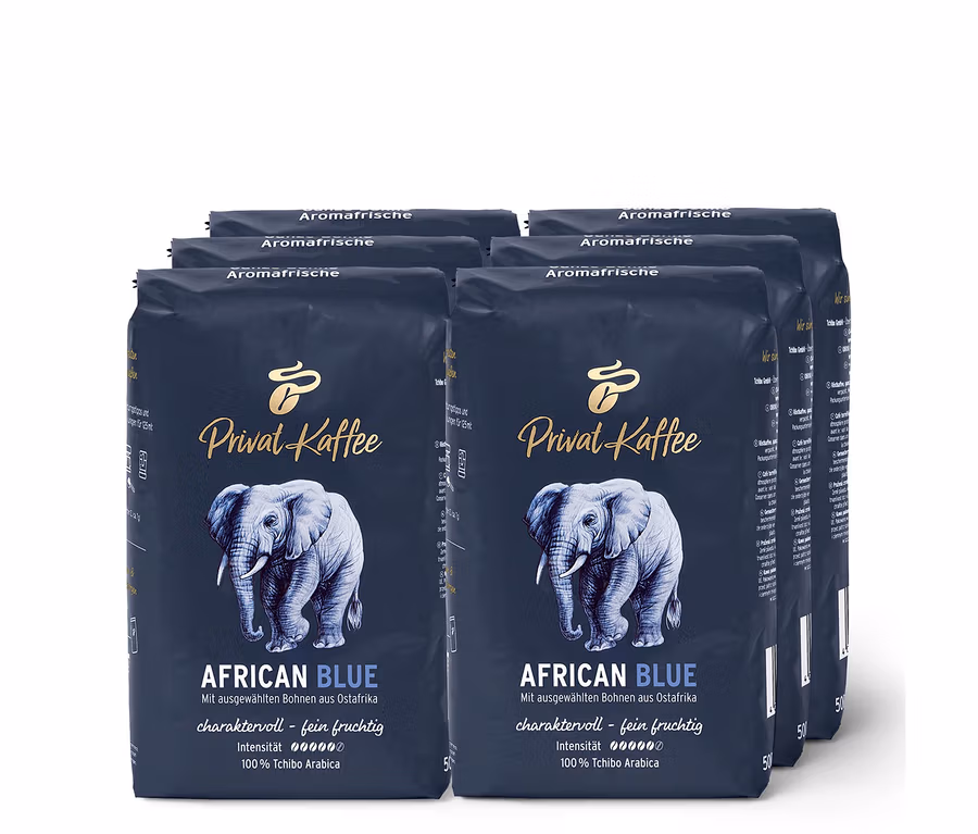 Six paquets de café en grains Privat Kaffee African Blue – 500 g. Un éléphant figure sur l'emballage.