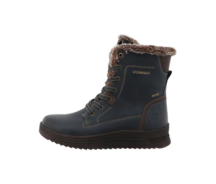 Une seule botte à lacets et fourrure Romika bleu foncé avec des accents marron et une semelle marron robuste, vue de côté.