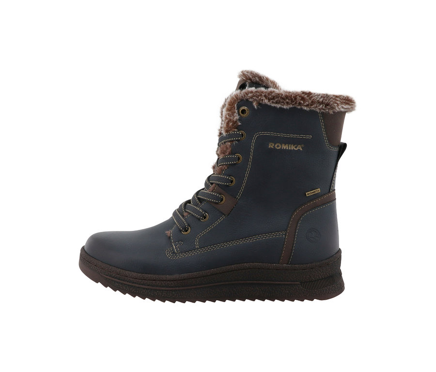 Une seule botte à lacets et fourrure Romika bleu foncé avec des accents marron et une semelle marron robuste, vue de côté.