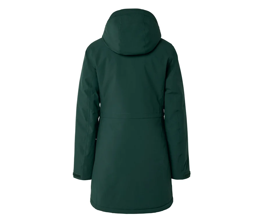 Manteau vert foncé à capuche, vu de dos, avec une couture horizontale au niveau de la taille.