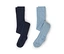 Deux paires de collants pliés, un bleu foncé et un bleu clair, posées à plat sur un fond blanc.