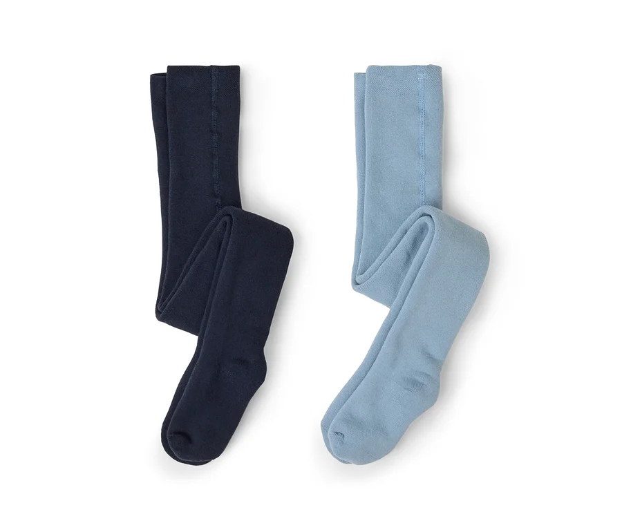 Deux paires de collants pliés, un bleu foncé et un bleu clair, posées à plat sur un fond blanc.