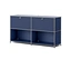 Meuble modulaire bleu foncé avec cadre argenté, comprenant deux compartiments supérieurs avec portes et deux compartiments inférieurs ouverts, sur fond blanc.