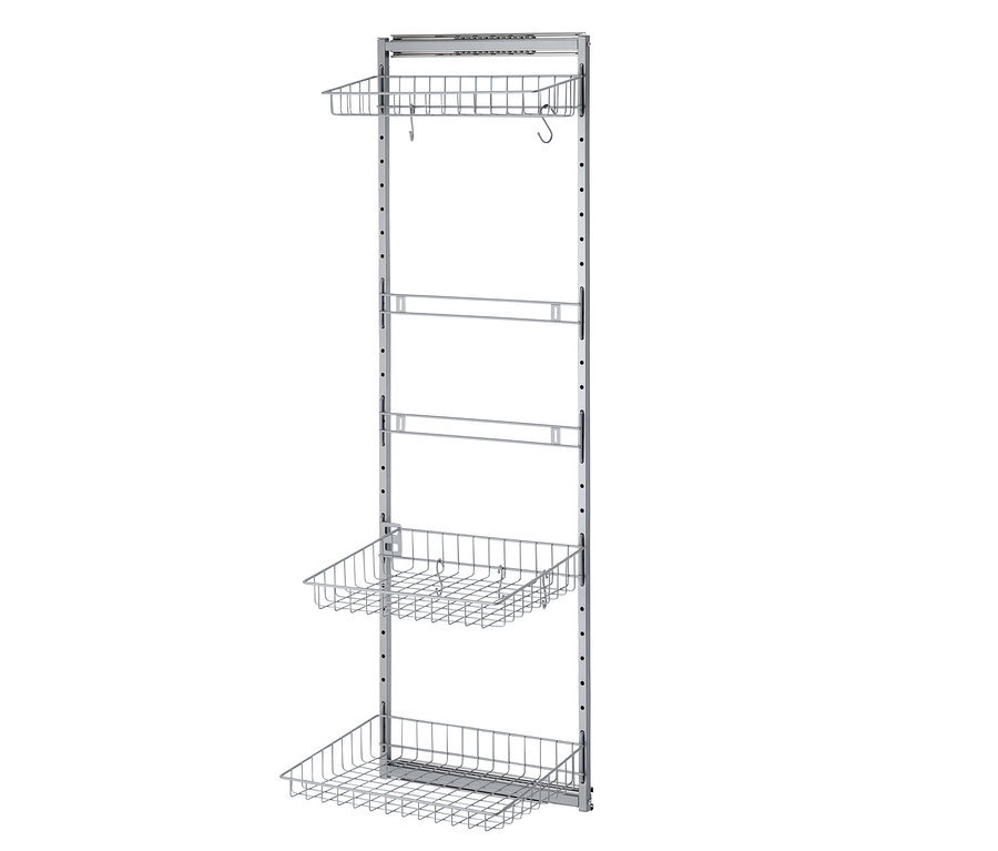 Système de rangement coulissant en métal gris avec paniers en fil métallique.