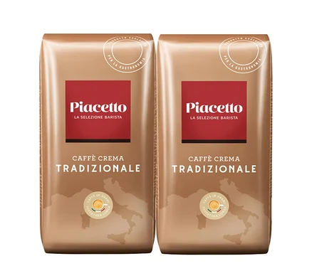 Deux paquets de Caffè Crema Tradizionale Piacetto – 2 x1 kg, en grains. Les paquets sont marron avec un logo Piacetto rouge.