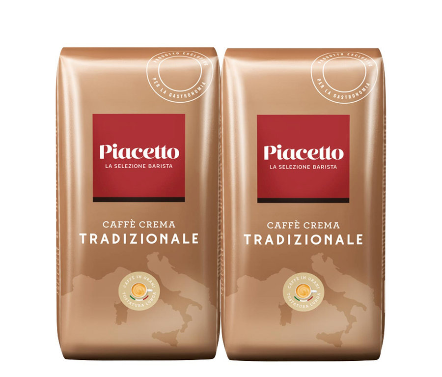 Deux paquets de Caffè Crema Tradizionale Piacetto – 2 x1 kg, en grains. Les paquets sont marron avec un logo Piacetto rouge.