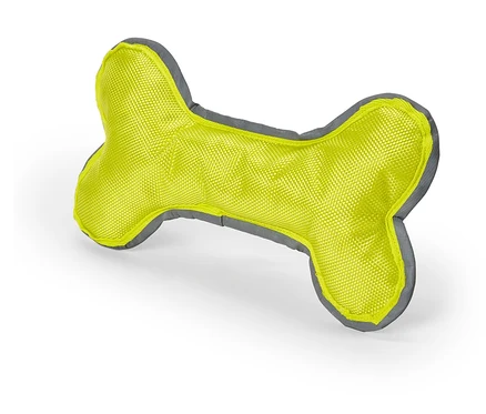 Jouet pour chien en forme d'os, jaune fluo avec un bord gris, sur fond blanc.