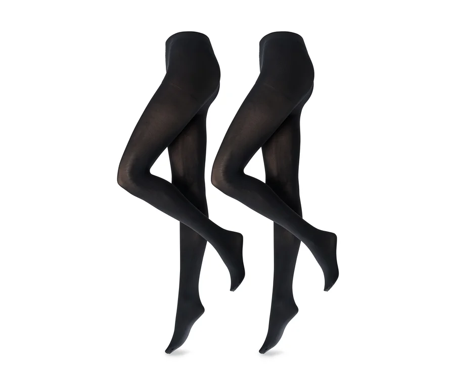 Deux paires de collants noirs opaques présentées sur des mannequins invisibles, légèrement décalées l'une par rapport à l'autre.