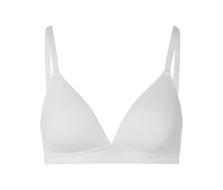 Soutien-gorge triangle blanc avec fines bretelles et léger rembourrage sur fond blanc.