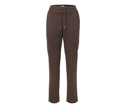 Pantalon marron à cordon de serrage avec des pois blancs.