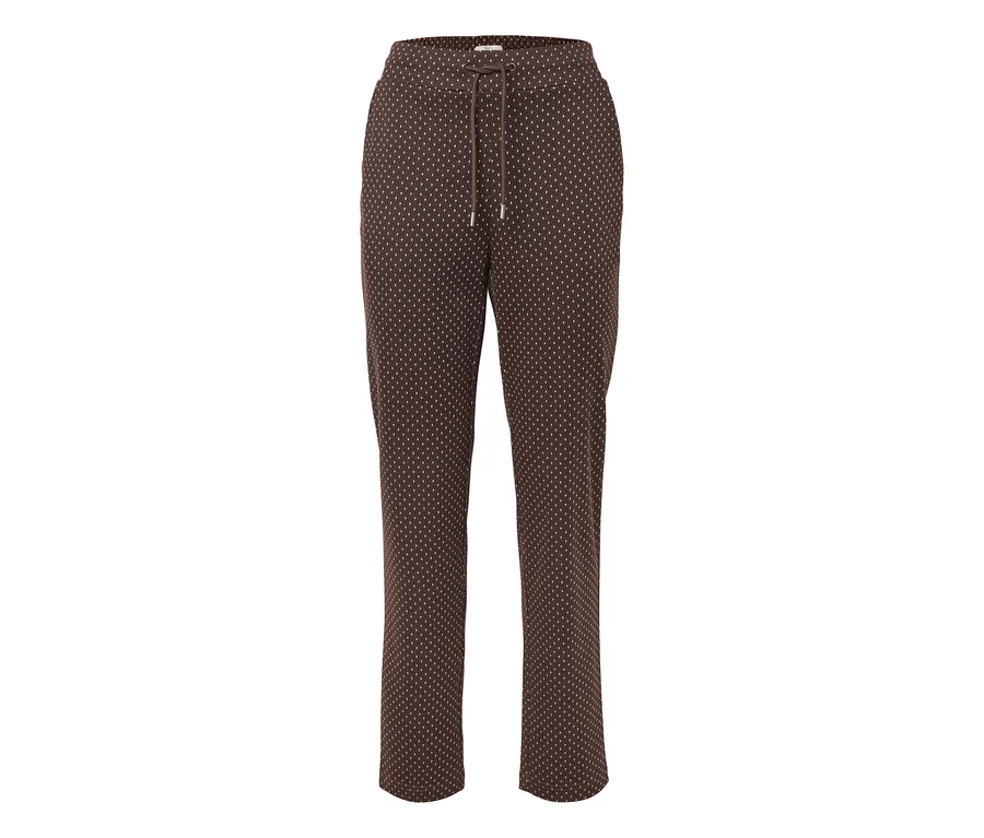 Pantalon marron à cordon de serrage avec des pois blancs.