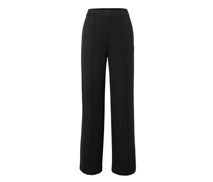 Pantalon noir taille haute à jambes droites avec plis.