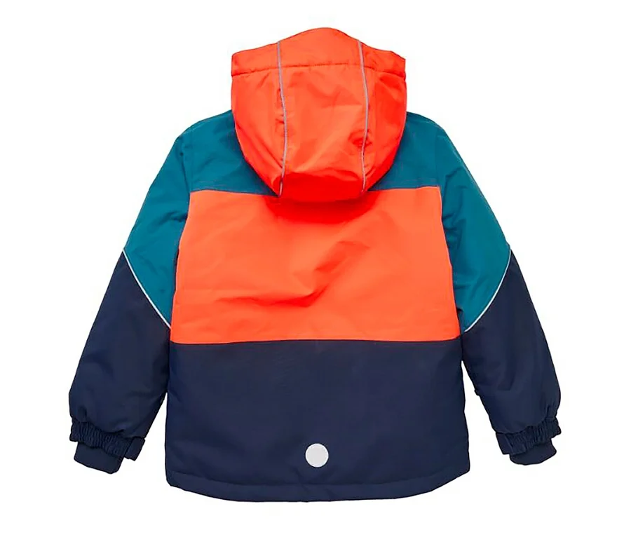 Veste d’hiver robuste pour enfant JAKO-O orange, sarcelle et bleu marine, vue de dos avec capuche et réflecteurs.