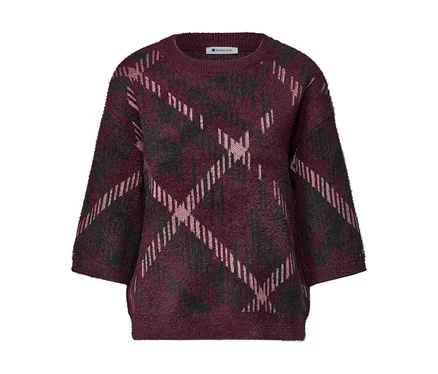 Pull en maille Street One bordeaux avec motif écossais noir et rose et manches trois-quarts.