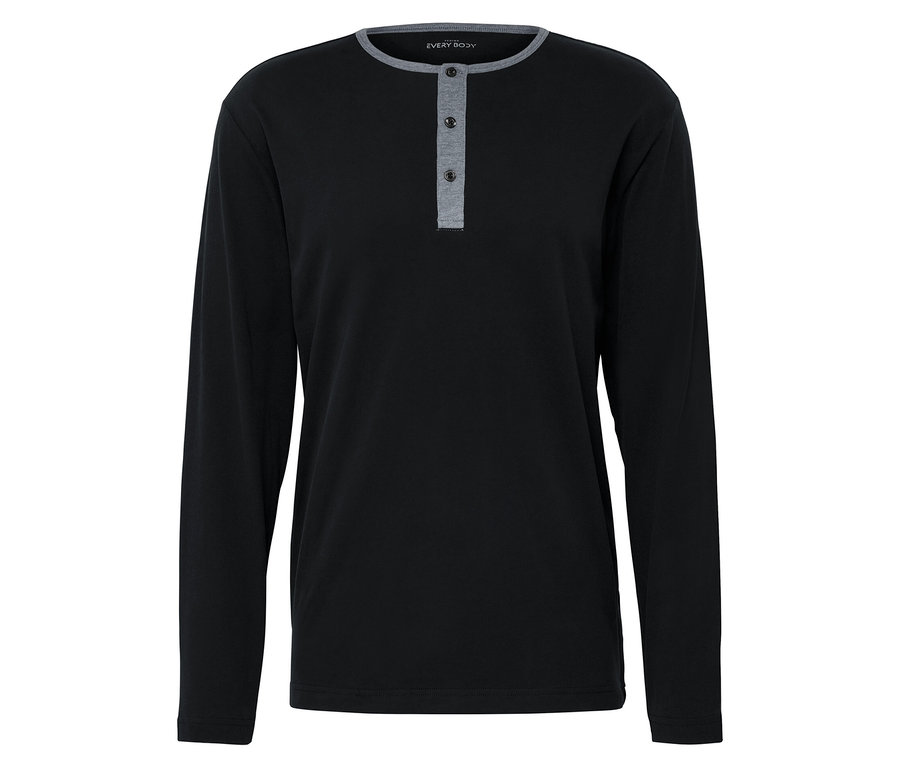 T-shirt noir à manches longues avec fermeture boutonnée grise au niveau du col.