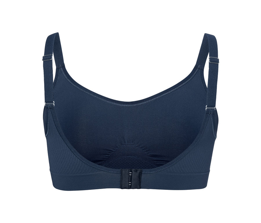 Vue détaillée de l'arrière d'un soutien-gorge de sport « Seamless » bleu.
