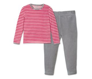 Haut cassis-blanc à rayures<br>Pantalon gris