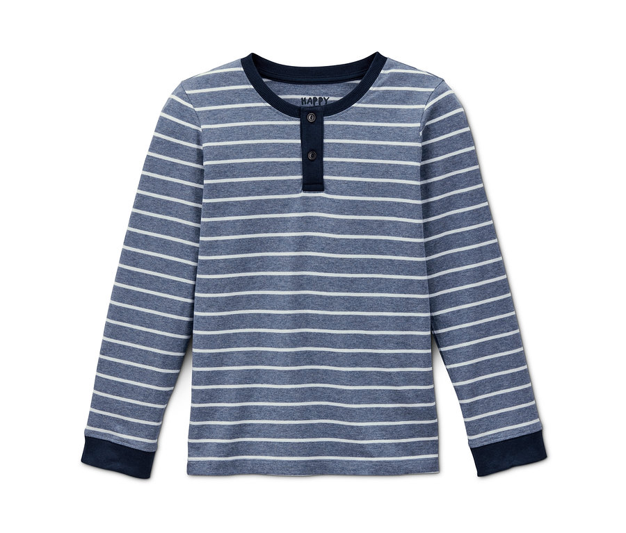 Pyjama pour enfants bleu et blanc rayé à manches longues.