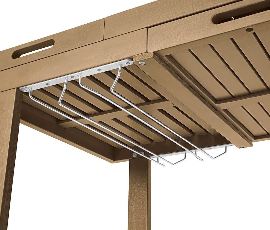 Détail du chariot pour barbecue « Lenja » avec 2 plateaux, incluant un porte-verres.