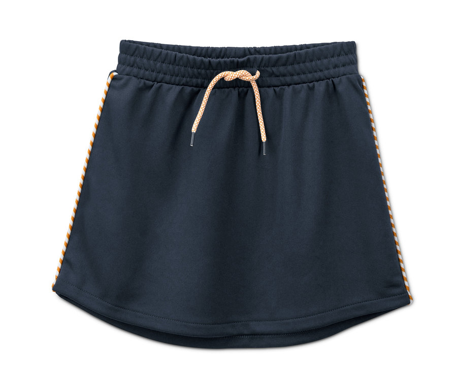 Une jupe sportive en jersey bleu marine avec des rayures orange sur les côtés.