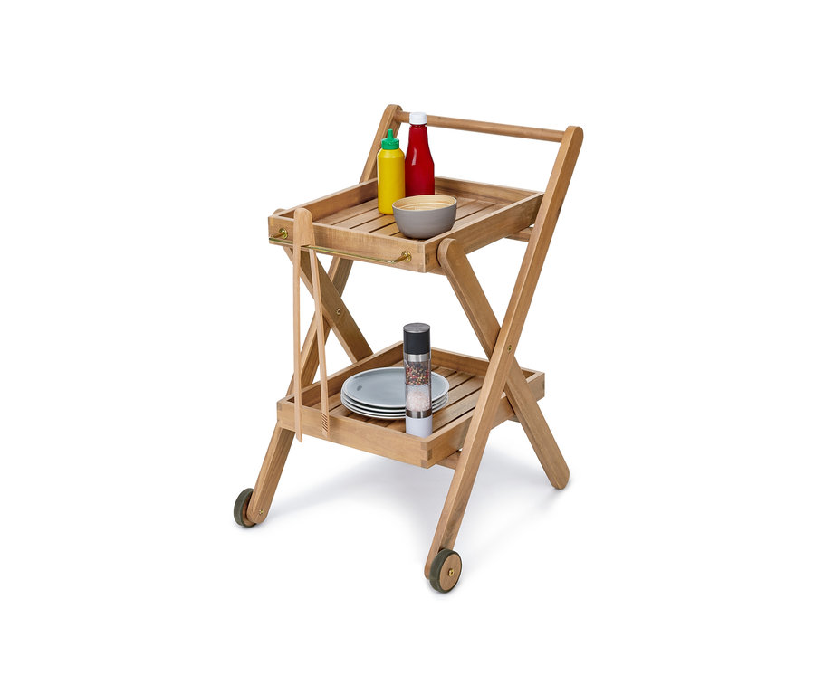 Petit chariot pour barbecue « Lenja » avec ketchup, moutarde, bol, assiettes, moulin à poivre et pinces.