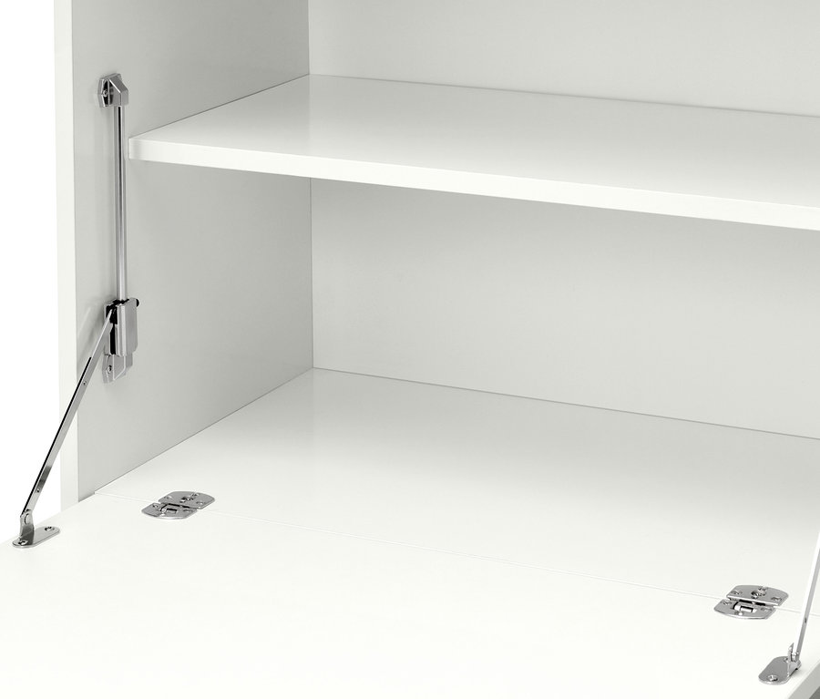 Gros plan de l'intérieur du secrétaire blanc Bekeson avec espace de rangement ouvert.