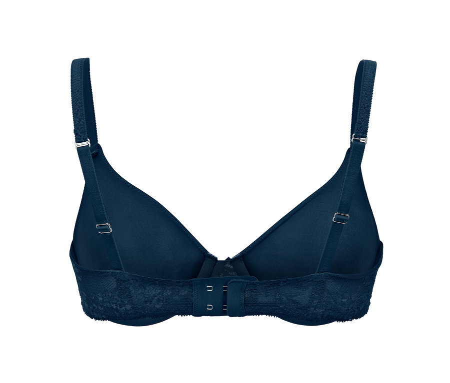 Vue détaillée de l'arrière d'un soutien-gorge à armature bleu foncé.